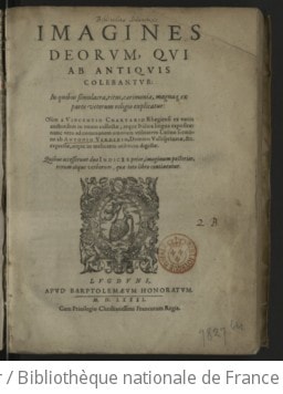 Cover of Imagines deorum qui ab antiquis colebantur, in quibus simulacra, ritus, caerimoniae, magnaque ex parte veterum religio explicatur, olim a Vincentio Chartario,... ex variis auctoribus in unum collectae, atque italica lingua expositae, nunc vero... latino sermone ab Antonio Verderio,... expressae