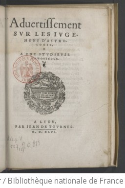 Cover of Advertissement sur les jugemens d'astrologie à une studieuse damoyselle