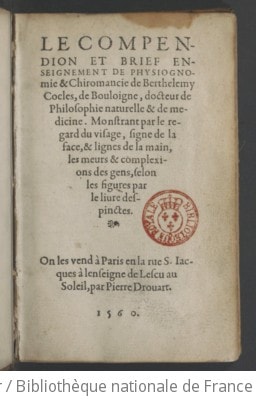 Cover of Le Compendion et brief enseignement de physiognomie et chiromancie, de Berthelemy Cocles