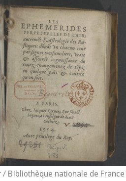 Cover of Les Ephémérides perpétuelles de l'air, autrement l'Astrologie des rustiques... [Par Anthoine Mizauld.]