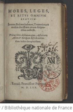 Cover of Mores, leges et ritus omnium gentium, a Joanne Boëmo,... ex multis clarissimis rerum scriptoribus collecti