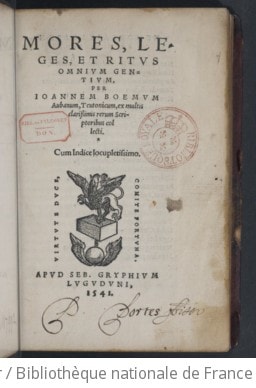Cover of Mores, leges et ritus omnium gentium, per Joannem Boemum,... ex multis clarissimis rerum scriptoribus collecti