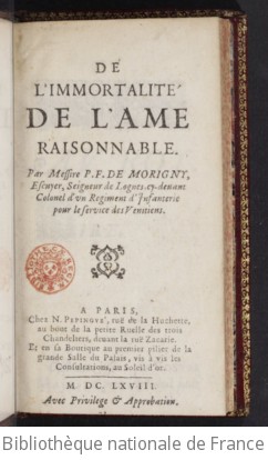 Cover of De l'Immortalité de l'âme raisonnable, par Messire P.-F. de Morigny