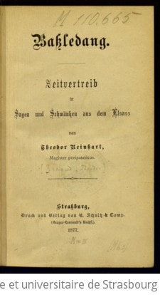 Cover of Bassledang. Zeitvertreib in Sagen und Schwaenken aus dem Elsass von Theodor Reinhart [= Th. Renaud.]
