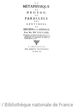 Cover of La métaphysique de Neuton, ou Parallèle des sentimens de Neuton et de Leibnitz , par M. de Voltaire
