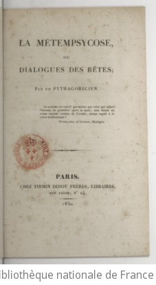 Cover of La métempsycose, ou Dialogues des bêtes ; par un pythagoricien
