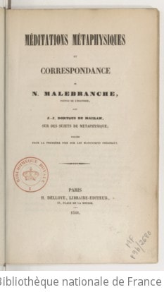 Cover of Méditations métaphysiques et correspondance de N. Malebranche,... avec J.-J. Dortons de Mairan, sur des sujets de métaphysique