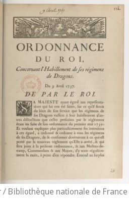 Cover of Ordonnance du Roi concernant l'habillement de ses régimens de dragons . Du 9 avril 1757
