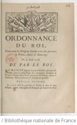 Cover of Ordonnance du roi, concernant les dragons gardes-côtes des provinces de Poitou, Aunis & Saintonge . Du 9 avril 1758