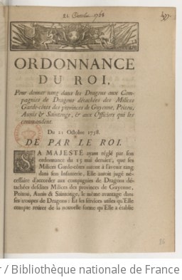 Cover of Ordonnance du roi, pour donner rang dans les dragons aux compagnies de dragons détachées des milices garde-côtes des provinces de Guyenne, Poitou, Aunis & Saintonge, & aux officiers qui les commandent . Du 21 octobre 1758