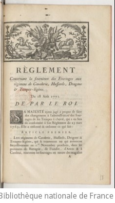 Cover of Règlement concernant la fourniture des fourrages aux régimens de cavalerie, hussards, dragons & troupes-légères . Du 18 août 1771