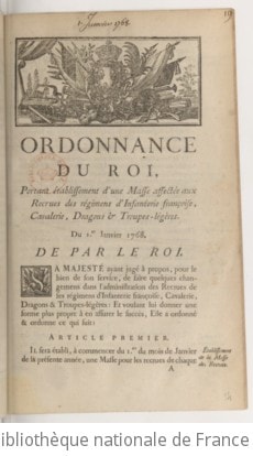 Cover of Ordonnance du roi, portant établissement d'une masse affectée aux recrues des régimens d'infanterie françoise, cavalerie, dragons & troupes légères . Du 1er janvier 1768