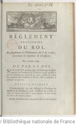 Cover of Règlement provisoire du roi, en supplément à l'ordonnance du 8 de ce mois, concernant les régimens de chasseurs . Du 10 août 1784