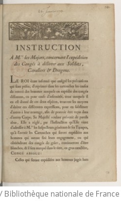 Cover of Instruction à Mrs les majors, concernant l'expédition des congés à délivrer aux soldats, cavaliers & dragons . Du 26 janvier 1773