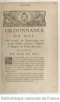 Cover of Ordonnance du roi, pour accorder des hautes-payes aux anciens soldats, cavaliers, hussards & dragons des troupes françoises . Du 16 avril 771