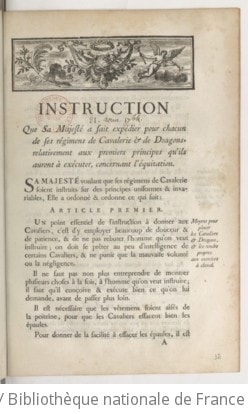 Cover of Instruction que S. M. a fait expédier pour chacun de ses régimens de cavalerie et de dragons, relativement aux premiers principes qu'ils auront à exécuter concernant l'équitation