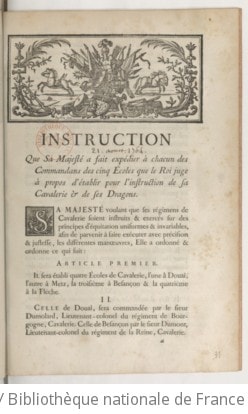 Cover of Instruction que S. M. a fait expédier à chacun des commandans des 5 écoles que le Roi juge à propos d'établir pour l'instruction de sa cavalerie et de ses dragons