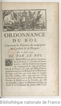 Cover of Ordonnance... concernant les fourriers des compagnies de cavalerie et de dragons