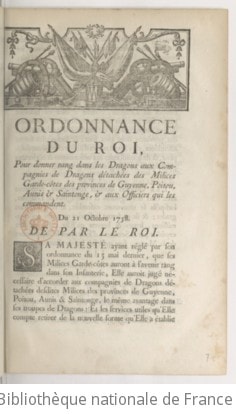Cover of Ordonnance... pour donner rang dans les dragons aux compagnies de dragons détachées des milices garde-côtes des provinces de Guyenne, Poitou, Aunis et Saintonge et aux officiers qui les commandent