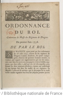 Cover of Ordonnance du roi, concernant la masse des régimens de dragons . Du premier juin 1756