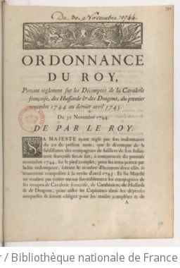 Cover of Ordonnance du roy, portant règlement sur les décomptes de la cavalerie françoise, des hussards & des dragons, du premier novembre 1744 au dernier avril 1745 . Du 30 novembre 1744