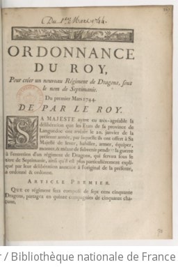 Cover of Ordonnance du roy, pour créer un nouveau régiment de dragons sous le nom de Septimanie . Du premier mars 1744