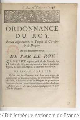 Cover of Ordonnance du roi, portant augmentation de troupes de cavalerie & de dragons . Du 16. décembre 1742