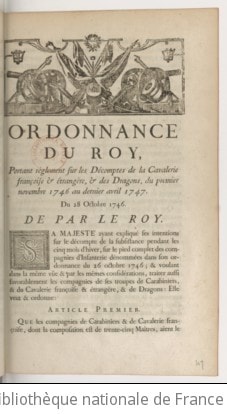 Cover of Ordonnance du roy, portant règlement sur les décomptes de la cavalerie françoise & étrangère, & des dragons, du premier novembre 1746 au dernier avril 1747. . Du 28 octobre 1746