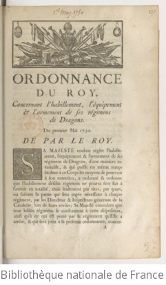 Cover of Ordonnance du Roy, concernant l'habillement, l'équipement & l'armement de ses régimens de dragons . Du premier mai 1750