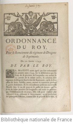 Cover of Ordonnance du roy, pour le licenciement du régiment de dragons de Septimanie . Du 20 janvier 1749