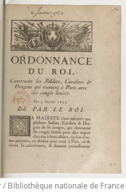 Cover of Ordonnance du roi, concernant les soldats, cavaliers & dragons qui viennent à Paris avec des congés limités . Du 3 janvier 1753