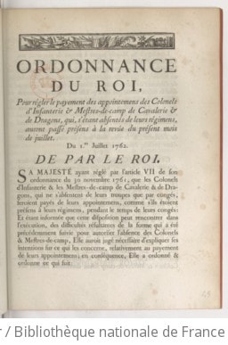 Cover of Ordonnance du roi, pour régler le payement des appointemens des colonels d'infanterie & mestres-de-camp de cavalerie & de dragons qui, s'étant absentés de leurs régimens, auront passé présens à la revûe du présent mois de juillet . Du 1er juillet 1762