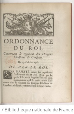 Cover of Ordonnance du roi, concernant le régiment des dragons chasseurs de Conflans . Du 27 octobre 1761