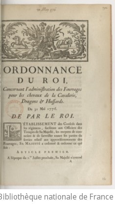 Cover of Ordonnance du roi, concernant l'administration des fourrages pour les chevaux de la cavalerie, dragons & hussards . Du 31 mai 1776