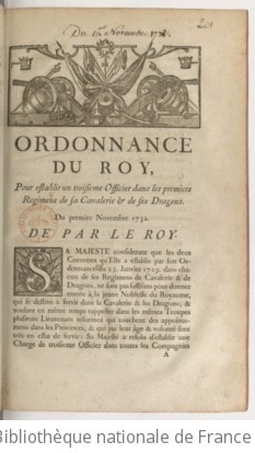 Cover of Ordonnance du Roy pour establir un 3e officier dans les premiers régimens de sa cavalerie et de ses dragons