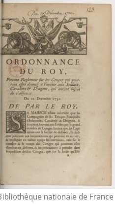 Cover of Ordonnance... portant règlement sur les congez qui pourront estre donnez à l'avenir aux soldats, cavaliers et dragons qui auront besoin de s'absenter