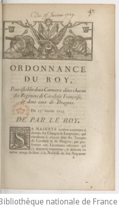 Cover of Ordonnance... pour establir deux cornettes dans chacun des régimens de cavalerie françoise et dans ceux de dragons