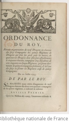 Cover of Ordonnance... portant augmentation de 9 dragons en chacune des 16 compagnies des 15 régimens de dragons qui sont sur pied