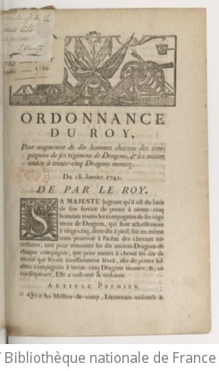 Cover of Ordonnance du Roy pour augmenter de dix hommes chacune des compagnies de ses régimens de dragons et les mettre toutes à 35 dragons montez