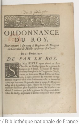 Cover of Ordonnance... pour remettre à son rang le régiment de dragons du chevalier de Mailly, cy-devant de Condé