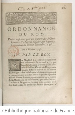 Cover of Ordonnance... portant règlement pour les journées des soldats, cavaliers et dragons malades aux hôpitaux, à commencer du 1er novembre 1736