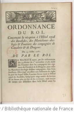 Cover of Ordonnance du roi, concernant la réception à l'Hôtel des Invalides, des maréchaux-des-logis & fourriers de cavalerie & de dragons . Du 15 juillet 1760