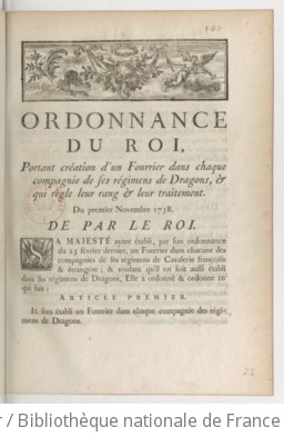 Cover of Ordonnance du Roi, portant création d'un fourrier dans chaque compagnie de ses régimens de dragons, & qui règle leur rang & leur traitement . Du premier novembre 1758