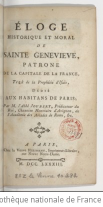 Cover of Eloge historique et moral de sainte Geneviève, patrone de la capitale de la France, tiré de la prophétie d'Isaïe, dédié aux habitans de Paris par M. l'abbé Joubert