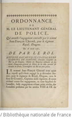 Cover of Ordonnance de M. le lieutenant général de police, qui annulle l'engagement contracté par le nommé Jean-François Chavard, pour le régiment Royal, Dragons . Du 18 avril 1761