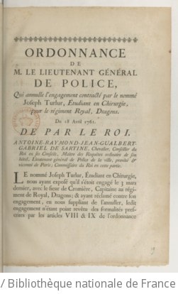 Cover of Ordonnance de M. le lieutenant général de police, qui annulle l'engagement contracté par le nommé Joseph Turlur, étudiant en chirurgie, pour le régiment Royal, Dragons