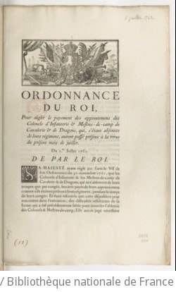 Cover of Ordonnance... pour régler le payement des appointemens des colonels d'infanterie et mestres de camp de cavalerie et de dragons qui, s'étant absentés de leurs régimens, auront passé présens à la revûe du présent mois de juillet