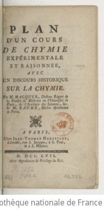 Cover of Plan d'un cours de chimie expérimentale et raisonnée, avec un discours historique sur la chymie . Par M. Macquer,... et M. Baumé