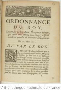 Cover of Ordonnance... concernant les cavaliers, dragons et soldats qui, après avoir obtenu leurs congez absolus, voudront prendre de nouveaux engagemens