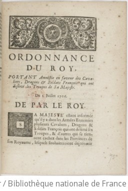 Cover of Ordonnance... portant amnistie en faveur des cavaliers, dragons et soldats françois qui ont déserté les troupes de S. M
